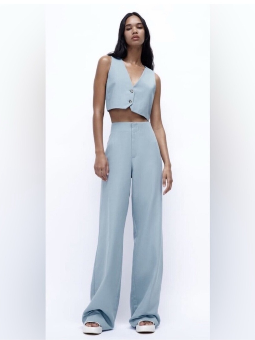 Zara Blue Matching Set | Vest (M) + Wide-Leg Pants (L)